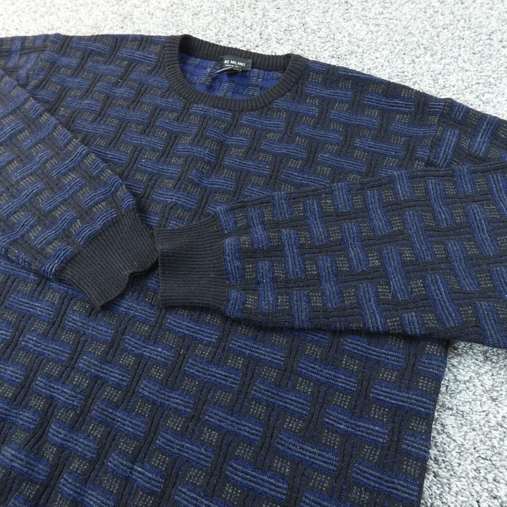 Milano Sweater Mens 2XL Blue Geometric Texture Knit Crewneck Pullover Wool Italy